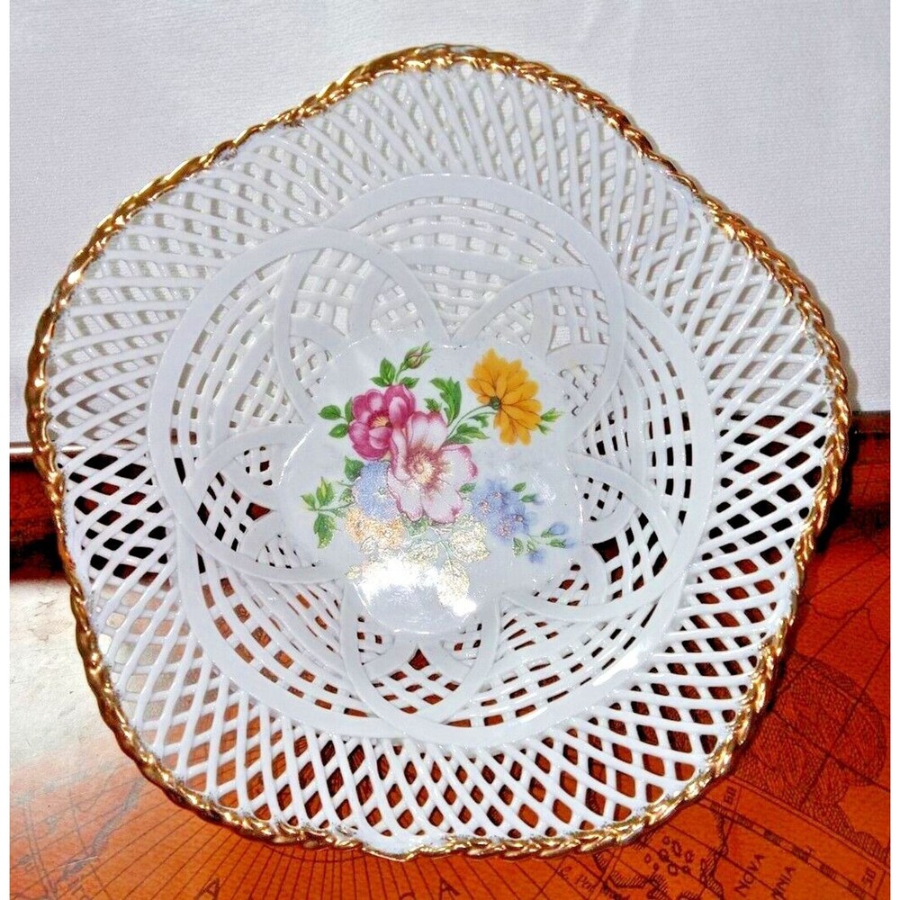 Vintage Porfin Cluj-Napoca porcelai Hand Painted Reticulated  Lace Basket w/Gold